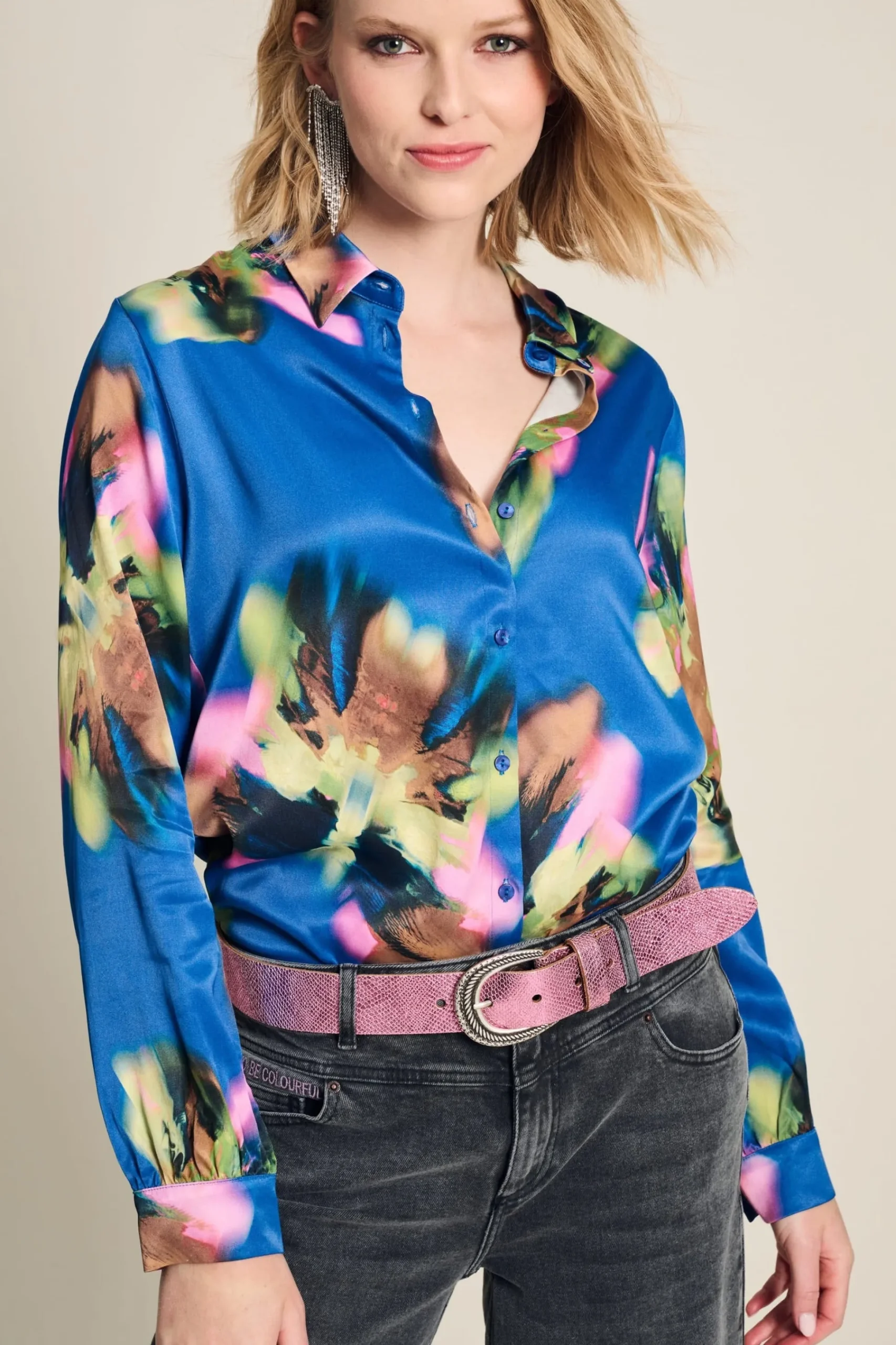 Blouses>POM Amsterdam BLOUSE Mila Satin Butterfly Blue
