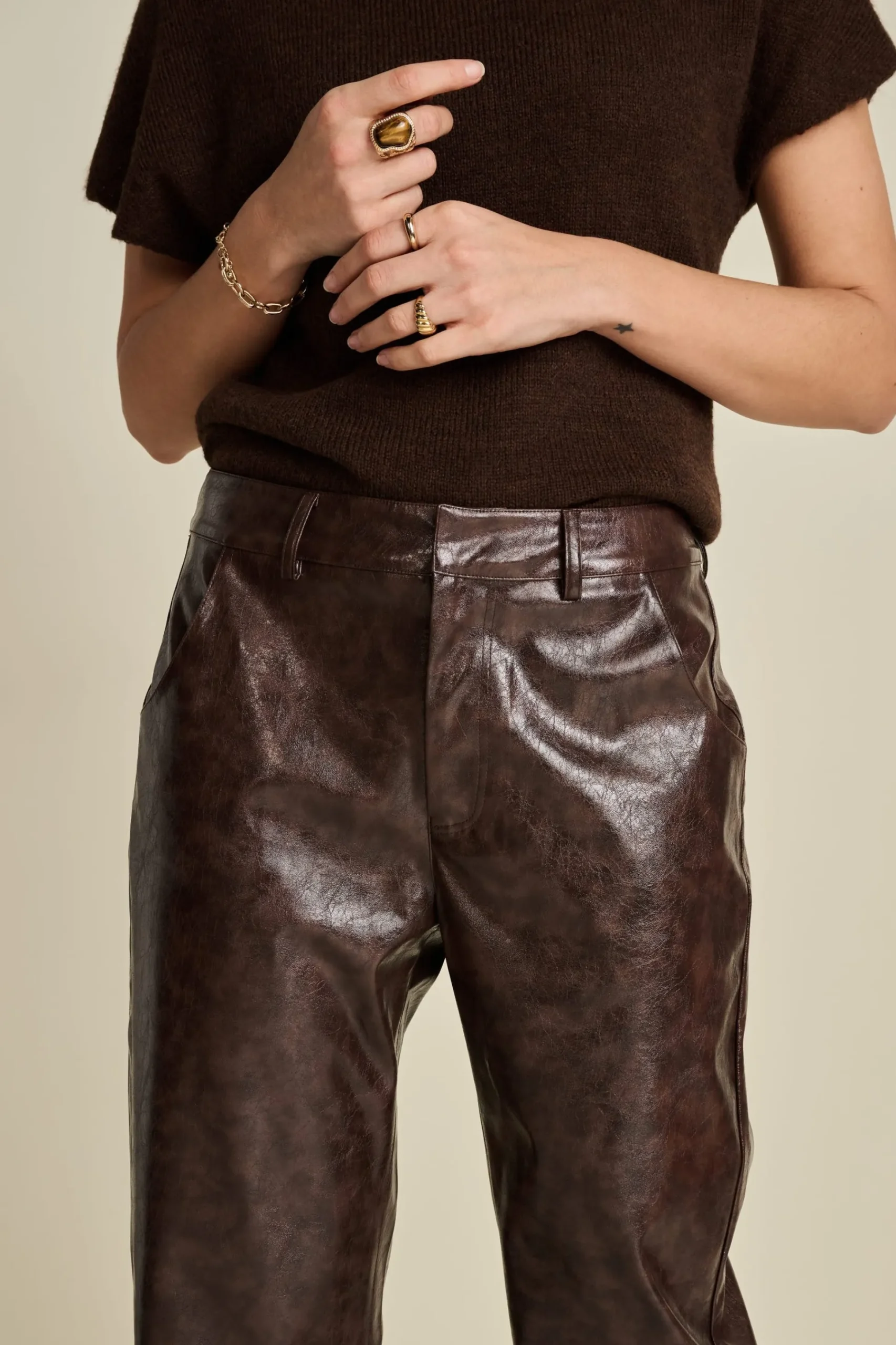 Broeken>POM Amsterdam BROEK Faux Leather Brown